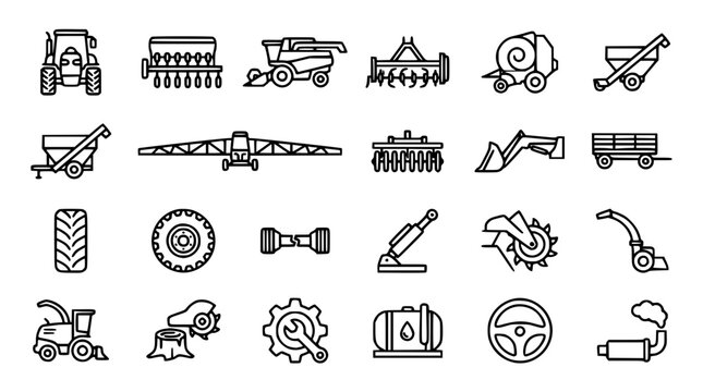 Outline agricultural machinery and equipment icons for farming operations and rural industry concepts