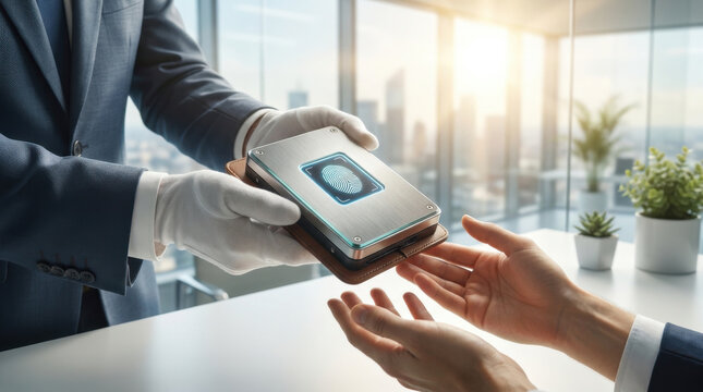 Digital estate inheritance transfer concept close, handover secure data device in office with fingerprint icon and receiving hand