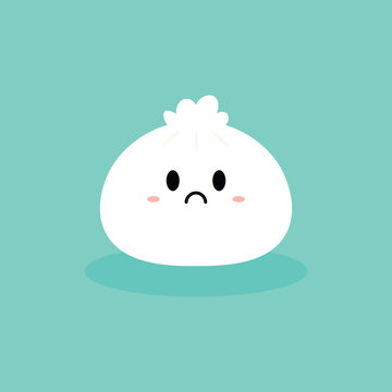 Cute worried white dumpling character with a concerned frowning face in minimal kawaii style on a pastel teal background, ideal for food branding, stickers, mascots, and playful illustrations.