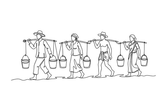 Line art illustration of four people carrying water buckets on shoulder poles.