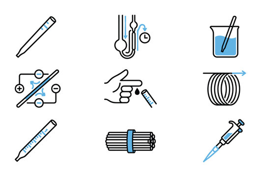 Minimalist medical laboratory icon set, dual color line art for healthcare education, clinical research, and scientific reports