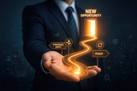 Businessman presenting glowing orange pathway to new opportunity with strategic shift and pivot decision concept leadership innovation direction change pathway visual