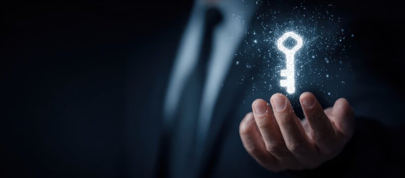 Digital key concept hand holding glowing key with particle effects