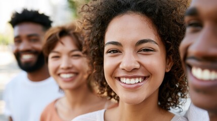 Fototapeta premium Group of four diverse friends smiling together outdoors, showcasing camaraderie and connection, with blurred background of trees and urban environment on International Friendship Day