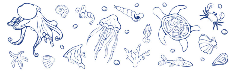 Underwater world clip art set. Hand drawn marine life illustrations in deep blue line art. Sea creatures. Octopus, sea turtle, jellyfish, crab, seahorse, starfish, tropical fish, coral, and seashells. © ArtValeriia