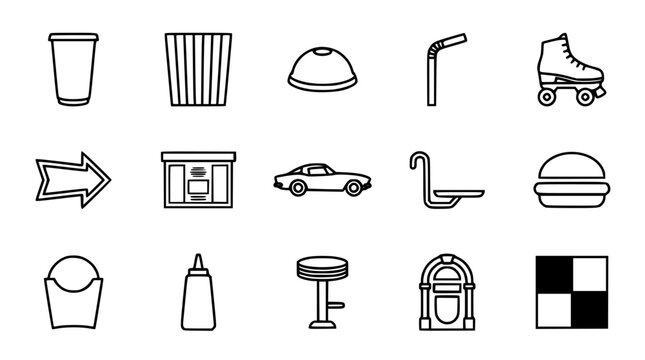 Diner Icons Vector Silhouette With Retro Americana Elements For Design