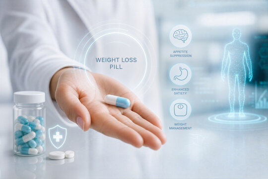 Weight loss pill concept hand presenting oral prescription medications for obesity management appetite suppression enhanced satiety non invasive clinical approach futuristic health environment