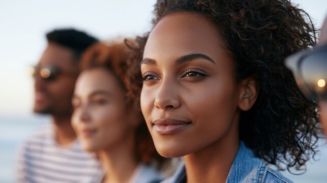 Group of diverse friends enjoying sunset at the beach, with a focus on a woman with curly hair wearing a denim jacket, ocean waves in the background