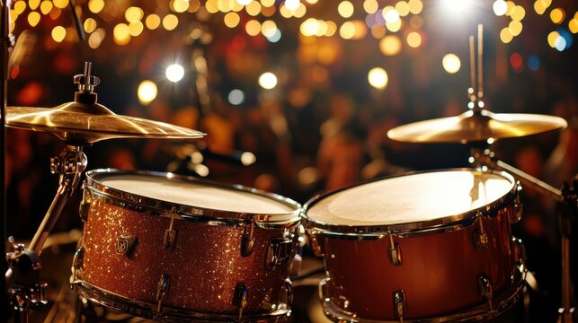 A vintage drum kit with shimmering cymbals during a concert