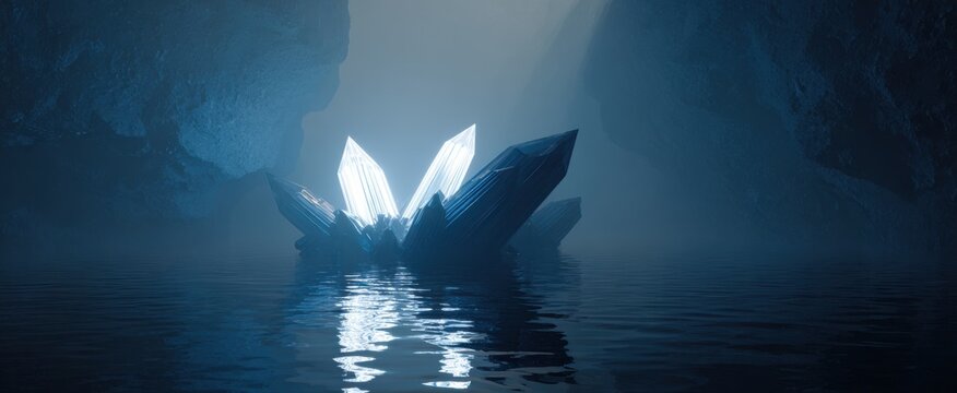 Illuminated crystal formation in subterranean grotto with reflective water surface