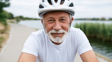 Fototapeta premium Senior male cyclist wearing a white t-shirt and helmet smiles while resting on a bicycle near a serene lake with greenery and a pathway in the background
