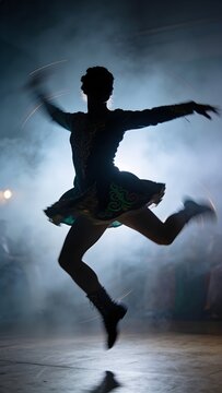 Silhouette Irish Step Dancer Mid Leap Motion Blur Foggy Backlight Dance