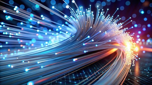 Optical fibres dinamic flying from deep on technology background