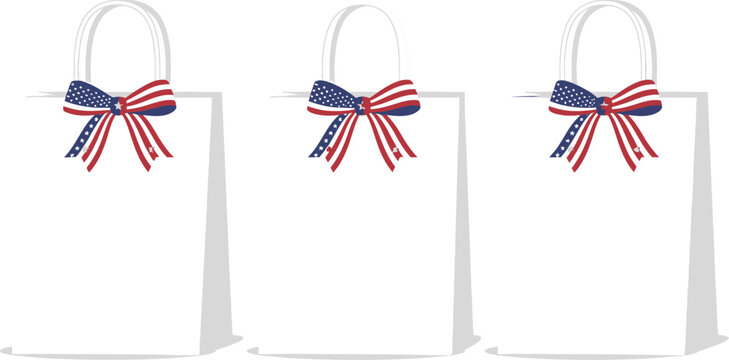 Three white gift bags with american flag bows
