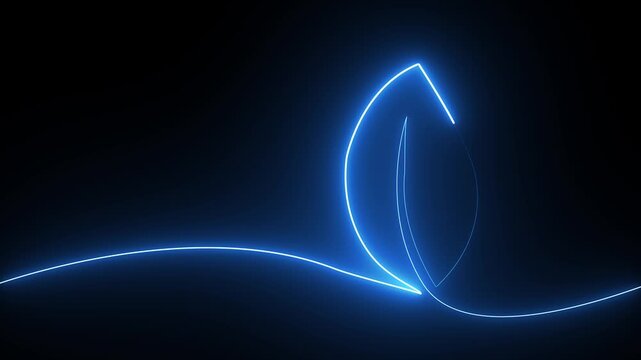 Glowing blue neon light leaf symbol drawn with a single continuous line on a dark background