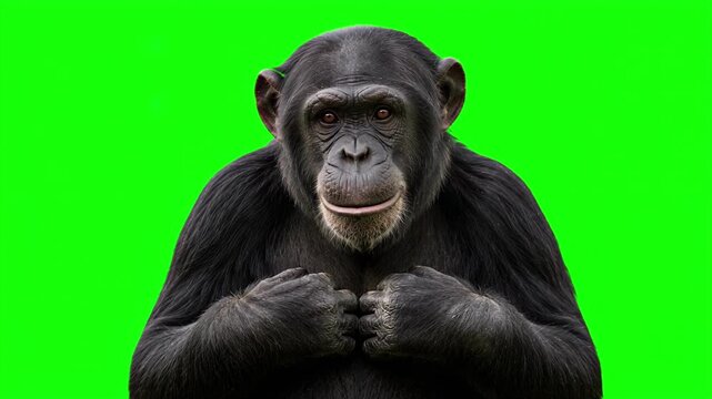 Realistic chimpanzee placing hand on heart in a sincere gesture of deep gratitude and trust, honest corporate promise and loyal customer service concept isolated on chroma key green screen background
