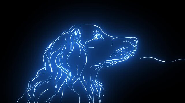Abstract glowing blue neon line art of a dog profile head on a black background