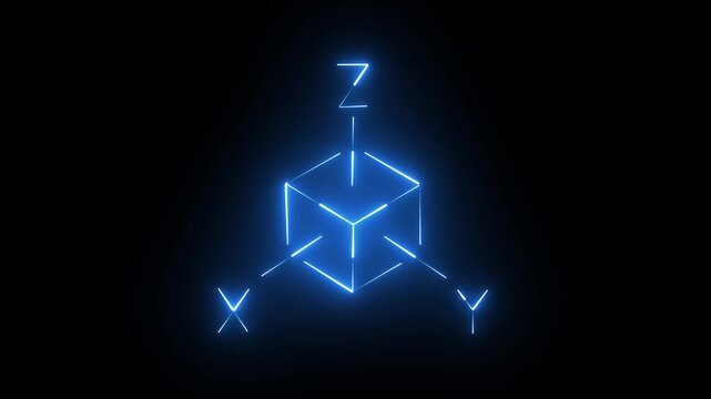 Neon blue glowing 3d coordinate system icon with cube shape on a black background