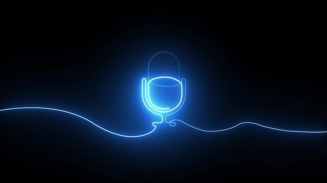 Continuous single line drawing of a microphone in glowing blue neon light on a dark background