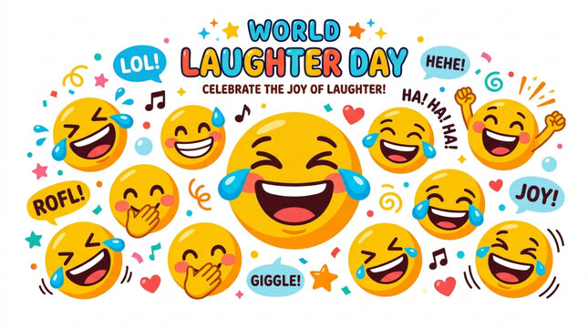 World Laughter Day celebration with joyful emoji faces conveying happiness and fun perfect for social media and greeti