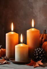 Fototapeta premium Three lit autumn candles with Halloween pumpkins and pine cone