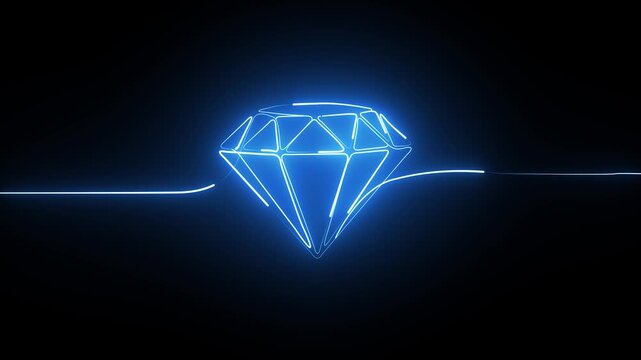 Glowing blue neon diamond shape icon with a continuous light line on a dark black background