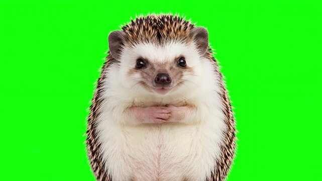 Realistic 3D hedgehog placing hand on heart in a sincere gesture of deep gratitude and trust, honest corporate promise and loyal customer service concept isolated on chroma key green screen background