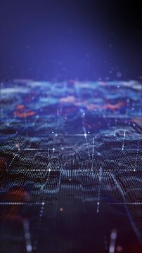 Abstract futuristic vertical digital landscape grid with rising blue and orange neon light particles.
