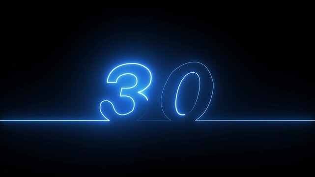 Glowing neon blue number thirty formed by a single continuous line on a dark black background