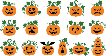 Fototapeta premium Orange halloween pumpkin characters set with different facial expressions and green vine leaves on transparent background collection of spooky jack o lantern vector icons.