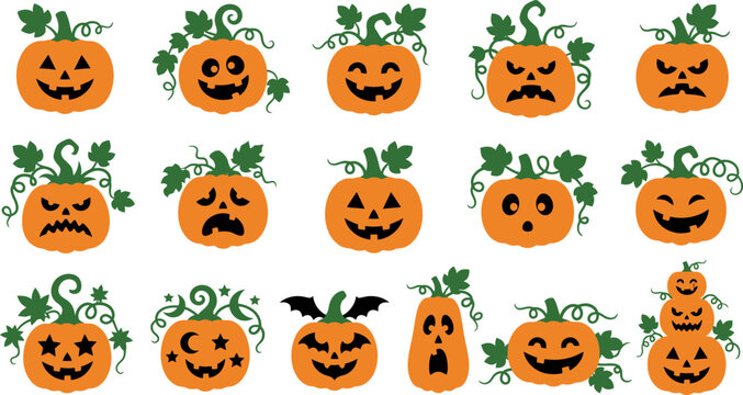 Orange halloween pumpkin characters set with different facial expressions and green vine leaves on transparent background collection of spooky jack o lantern vector icons.