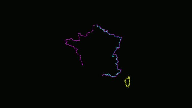 Neon Outline Map of France and Corsica on Dark Background