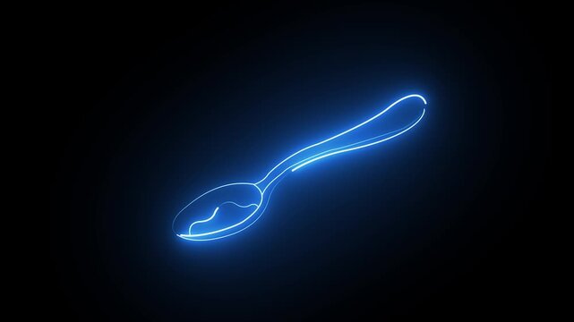 Glowing blue neon outline of a simple kitchen spoon on a dark black background