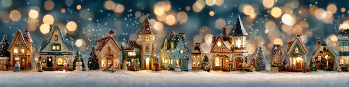 Charming christmas village scene with illuminated houses and snowfall