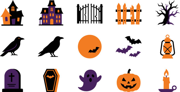 Halloween spooky icons set for holiday celebration design featuring haunted houses ghosts pumpkins bats gravestones crows lanterns fences dead trees and cemetery elements.