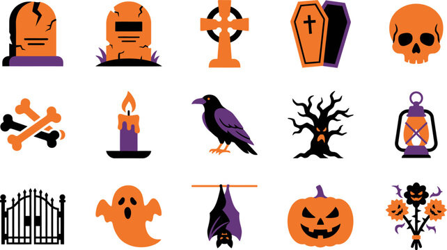 Cemetery and graveyard icons set for spooky design including gravestones crosses coffins skulls bones crows dead trees lanterns ghosts and pumpkins for halloween holiday.