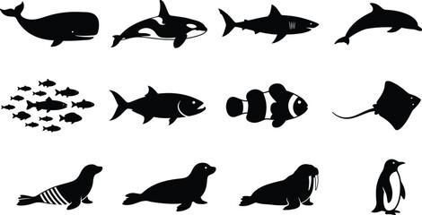 Marine Animal Silhouette Collection with Whale Dolphin Shark Fish and Penguin Vectors © Vector World