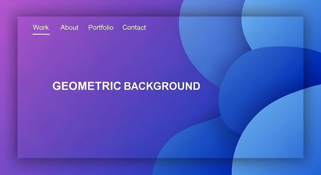Abstract website layout with purple gradient, blue layered shapes, & navigation