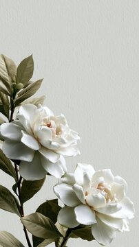 White flowers with green leaves arranged elegantly against a soft gray background, ideal for funeral cards, memorials, or remembrance themes