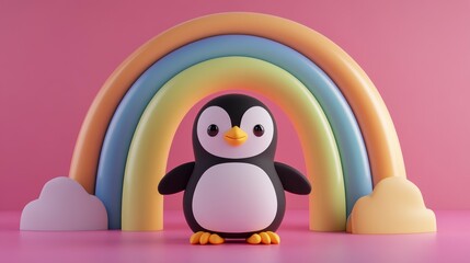 Fototapeta premium Cute cartoon penguin standing under a rainbow on pink background.