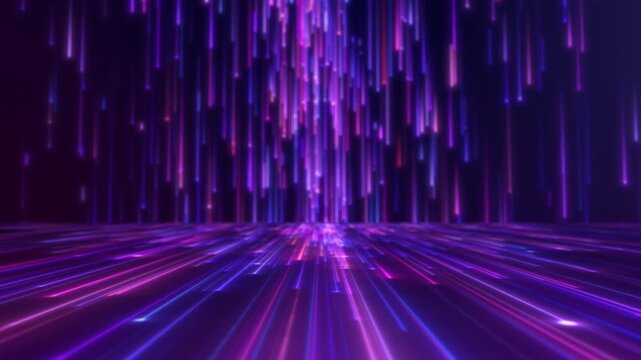SEAMLESS LOOP, Abstract futuristic digital stage background with falling purple neon light streaks trails on Isolated Transparent Background.