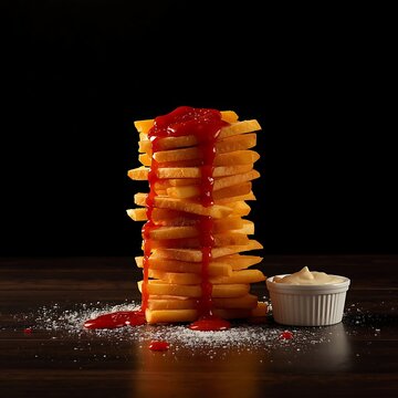 Tower of potato fries with ketchup and mayonnaise