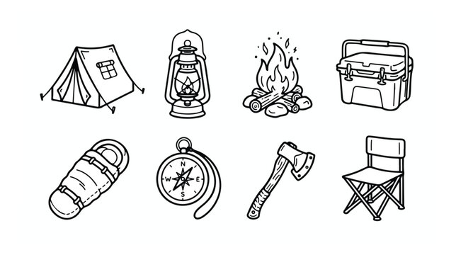 Minimalist camping icons set, 8 hand drawn outdoor adventure vector elements, black and white wilderness survival gear illustrations