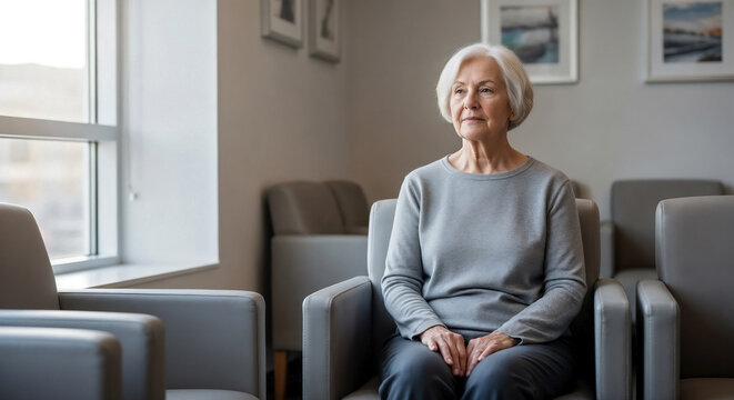 Elderly person in waiting room seated by window, reflecting calmly while patiently awaiting consultation. Senior adult in medical waiting room setting appears thoughtful, observing surroundings.