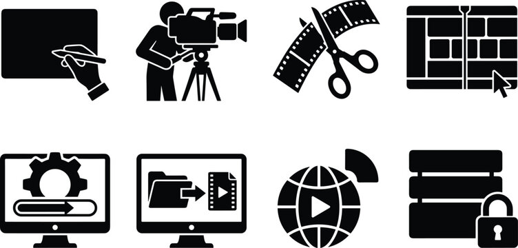Video Production and Post Production Editing Process Icon Set for Filmmaking and Content Creation