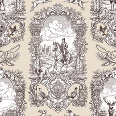 Obraz premium Seamless vector pattern with traditional European hunting motifs. Vintage engraving style illustration.