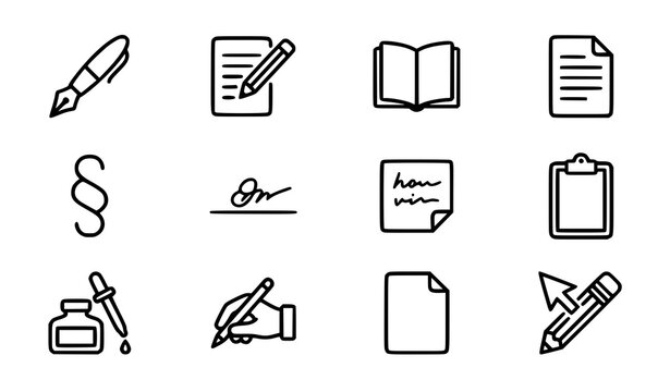 Writing document line icons set black and white vector illustration