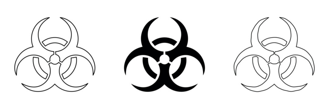 Biohazard symbol variations in black and white outline and solid fill
