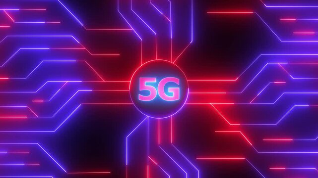 5 g network technology concept with glowing neon digital circuit board background, connectivity
