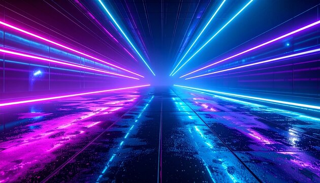 Futuristic corridor with neon pink and blue light beams reflecting on wet floor